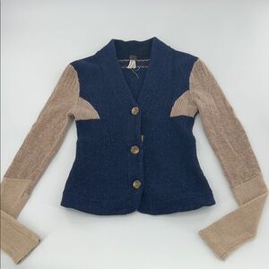 We The Free Women's Beige Blue Wool Angora Colorblock quirky Cardigan Sz S